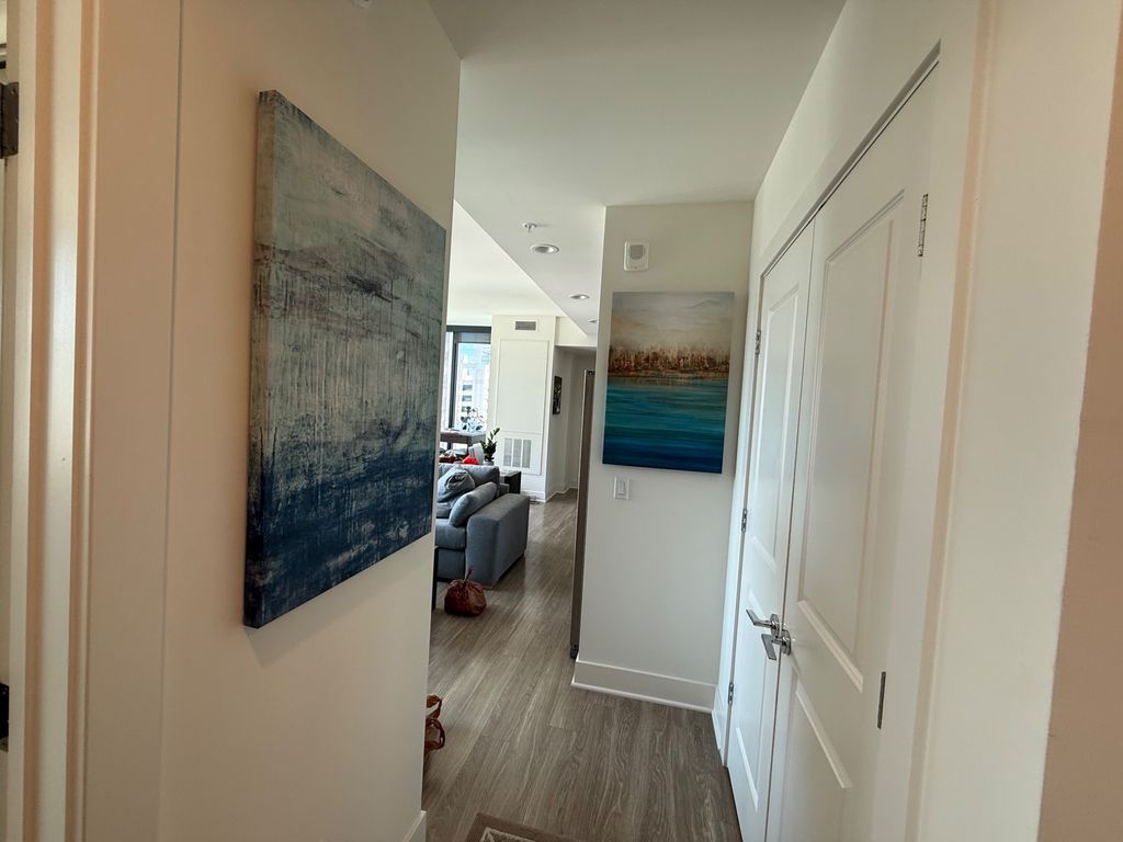 Large canvas artwork aligned along an apartment hallway