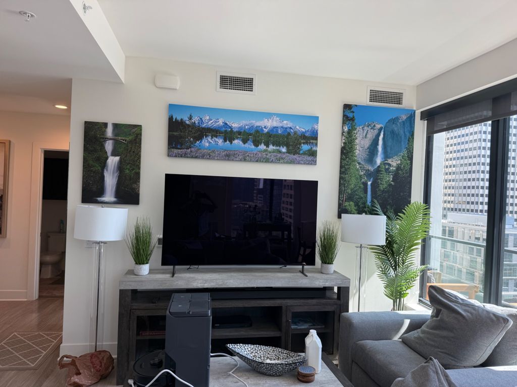 Several landscape prints mounted around a living room television